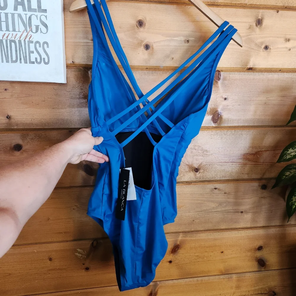 LA BLANCA NWT Island Goddess Blue Multi-Strap Cross-Back Swimsuit UPF 50 Size 14